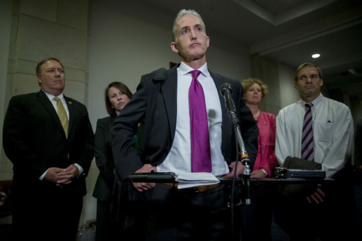 Representative Trey Gowdy, a Republican from South Carolina and chairman of the House Benghazi Committee, and other members of the committee listen to a question from a reporter after a closed interview with Bryan Pagliano, a former U.S. State Department employee, not pictured, on Capitol Hill in Washington, D.C., U.S., on Thursday, Sept. 10, 2015. Pagliano, who reportedly assisted in work on Hillary Clinton's private e-mail when she was Secretary of State, asserted his Fifth Amendment right not to testify before the Republican-led House committee investigating the 2012 attacks in Benghazi, Libya. Photographer: Andrew Harrer/Bloomberg via Getty Images
